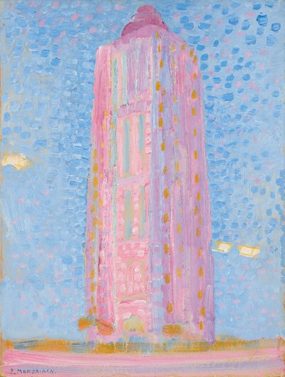 Farol em Westkapelle em Rosa, 1909 (óleo em papelão) de Piet Mondrian